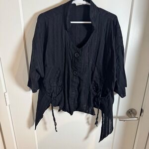 GRIFFIN Paris Black Linen Blend Button Front Kimono Style Jacket Women